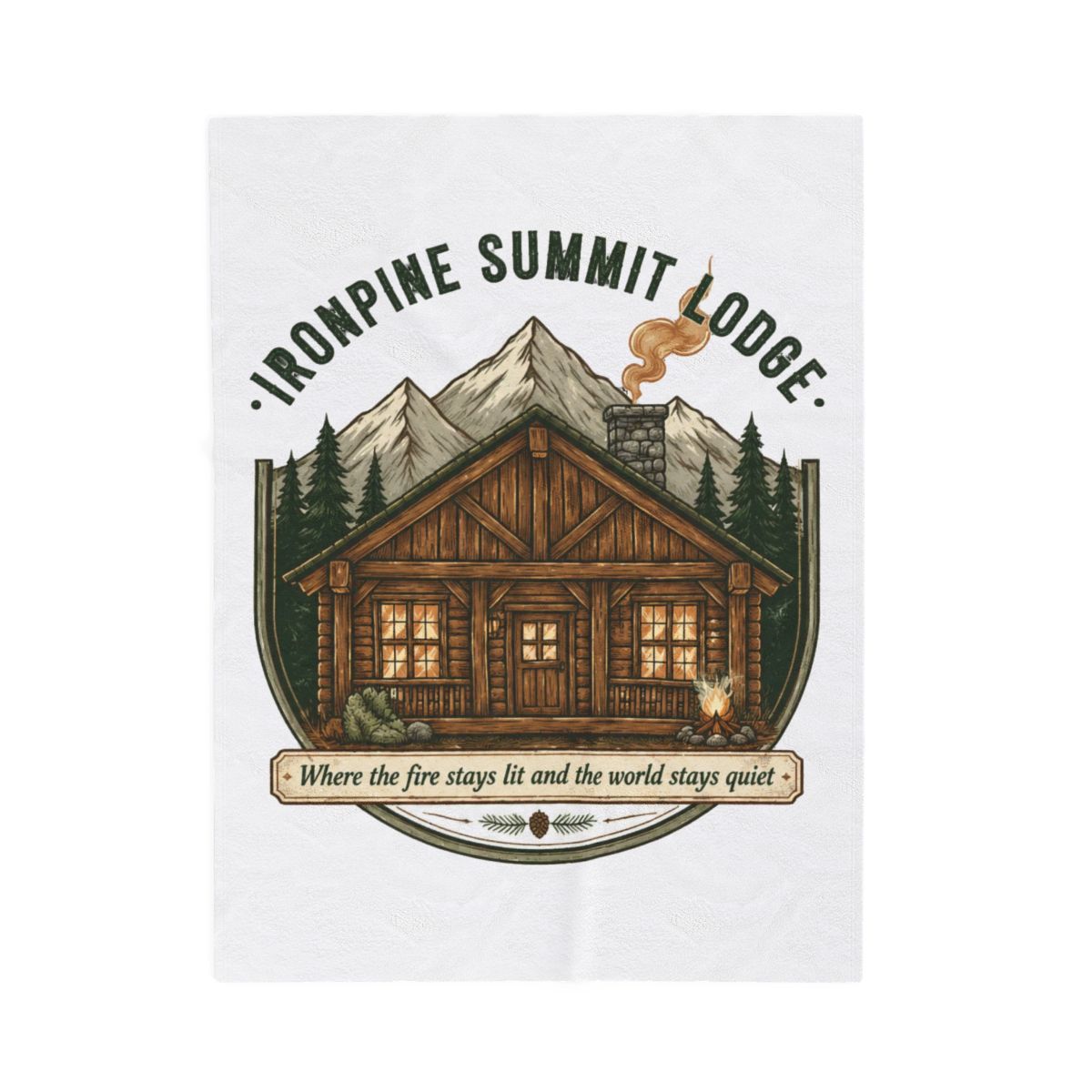 White blanket with a graphic of a wooden lodge and the text "IRONPINE SUMMIT ". The is set in a forest with mountains behind it. The text "Where the fire stays lit and the world stays quiet... - Official Creator merchandise